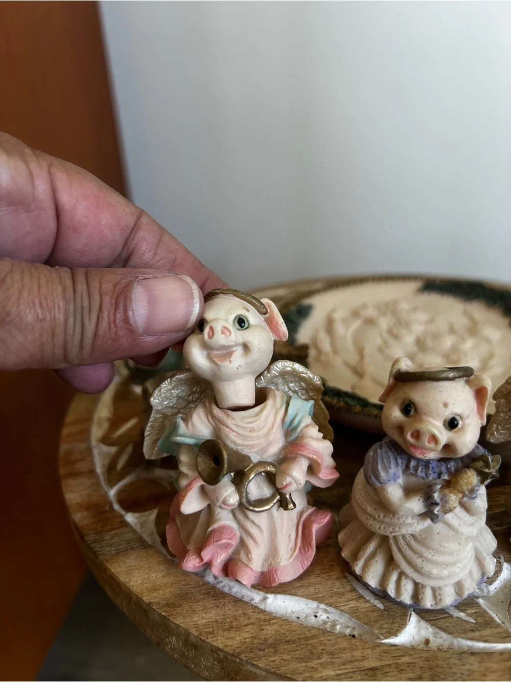 Hand-Painted Ceramic Piglet Figurine Ensemble in Pastel Colors
